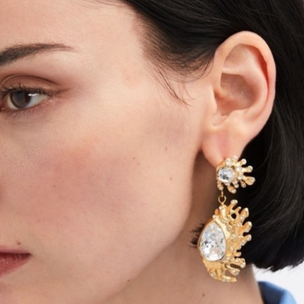 Oscar de la Renta • Gold & Crystal Cactus Drop Post Earrings - Picture 6 of 6